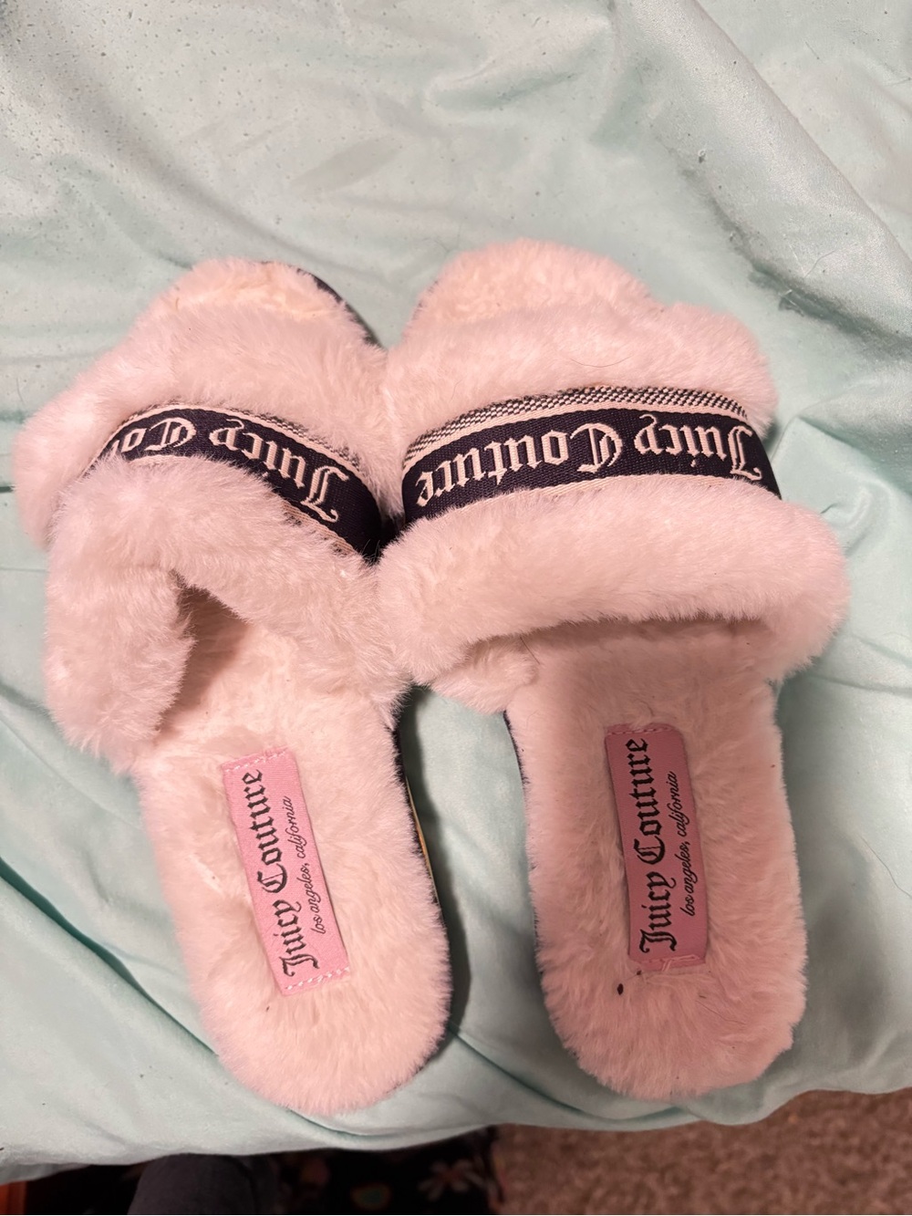 Juicy Couture Light Pink Faux-Fur Slide Slippers with Black Branded Strap